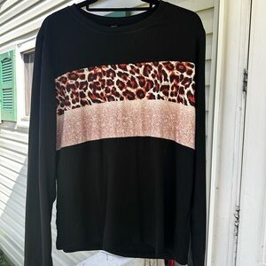 Trendy boutique Black Long Sleeve Top with Leopard and Rose Gold Panels